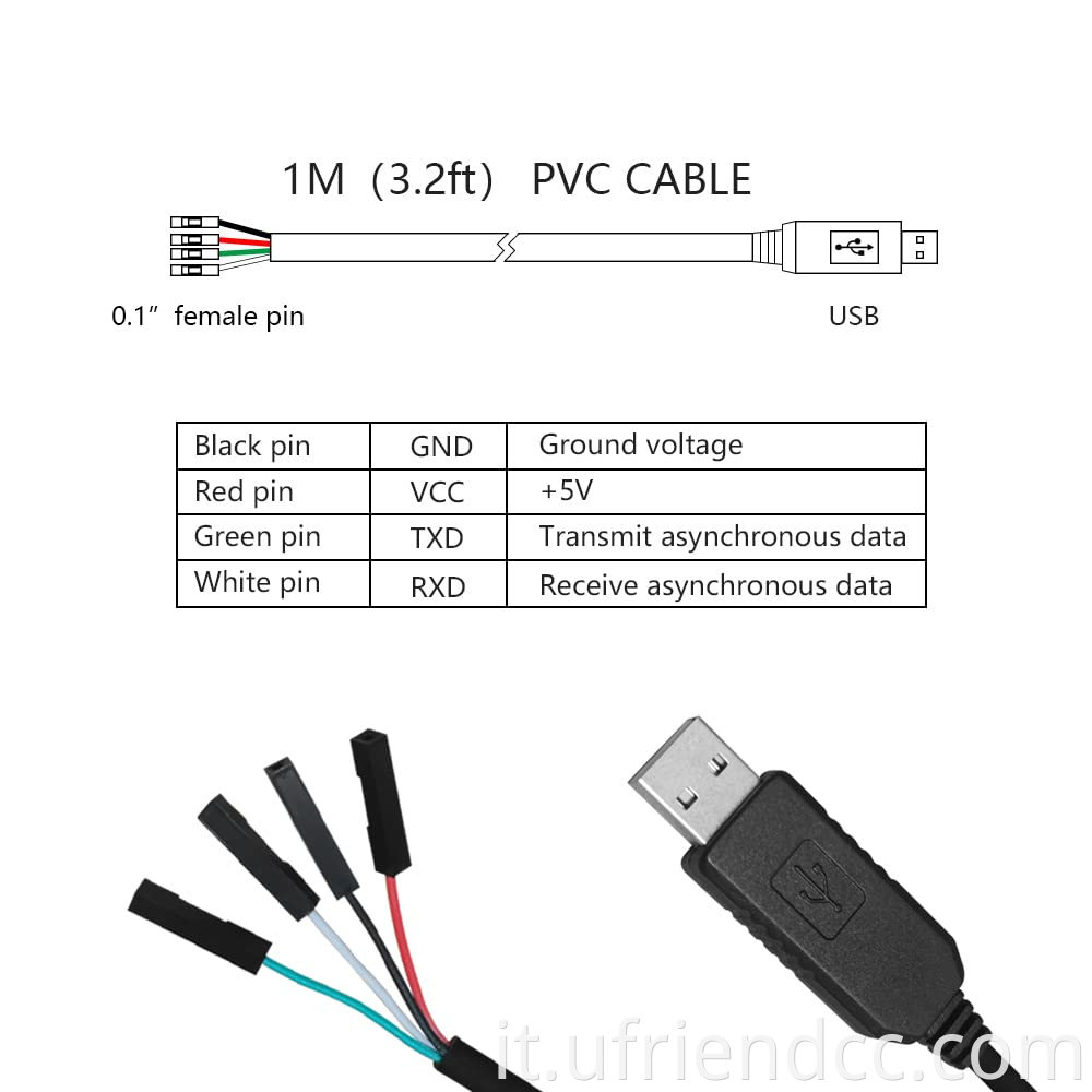 Cavo di porta seriale da 1 metro da USB a TTL RS232 0,1 pollici 4 pin Female 3,3 V Convertitore